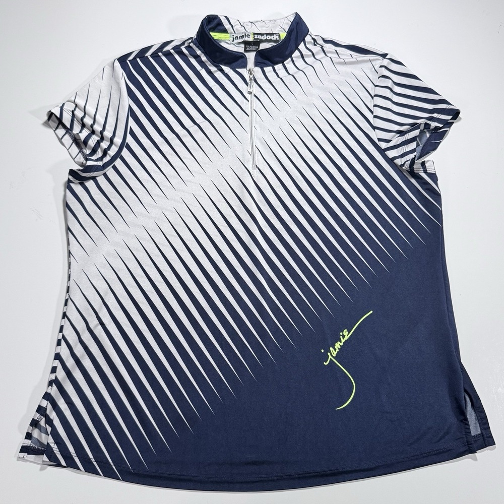 Navy Blue & White 1/4 Zip Golf Polo Shirt Diagonal Pattern Stand-Up Collar Sz L